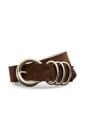 The Tobar Suede Belt is a brown suede belt featuring a large mixed-metal buckle and three gold rings beside the buckle. Handcrafted in LA, it’s shown coiled against a white background.