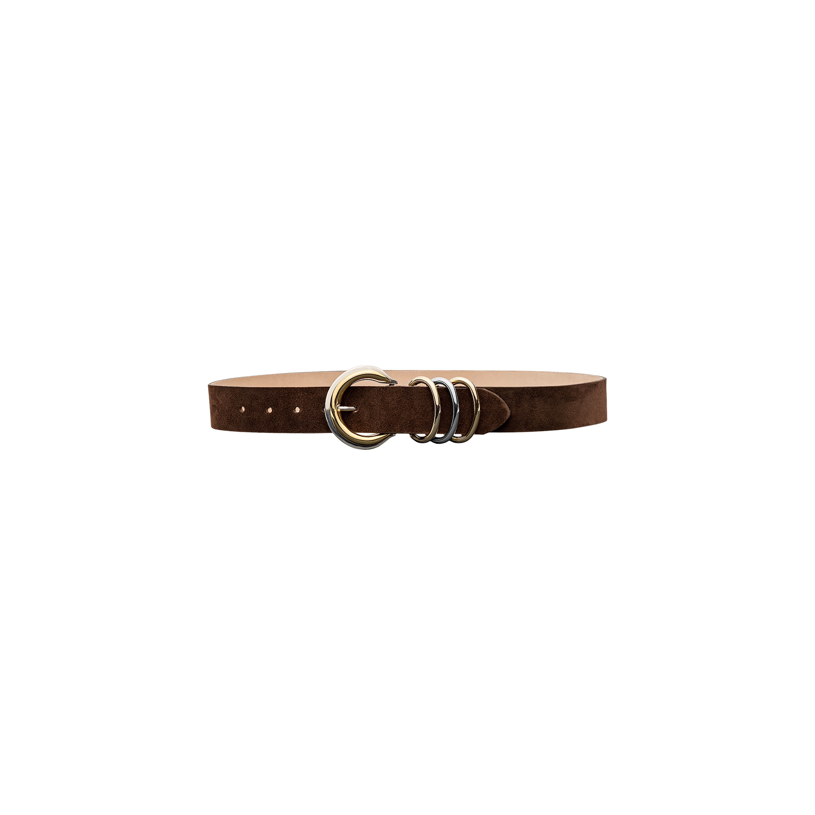 The Tobar Suede Belt, handcrafted in LA, features a brown suede strap and a mixed-metal buckle adorned with three silver rings and one larger gold ring. It is displayed on a plain white background.