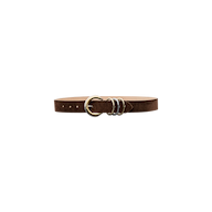 The Tobar Suede Belt, handcrafted in LA, features a brown suede strap and a mixed-metal buckle adorned with three silver rings and one larger gold ring. It is displayed on a plain white background.