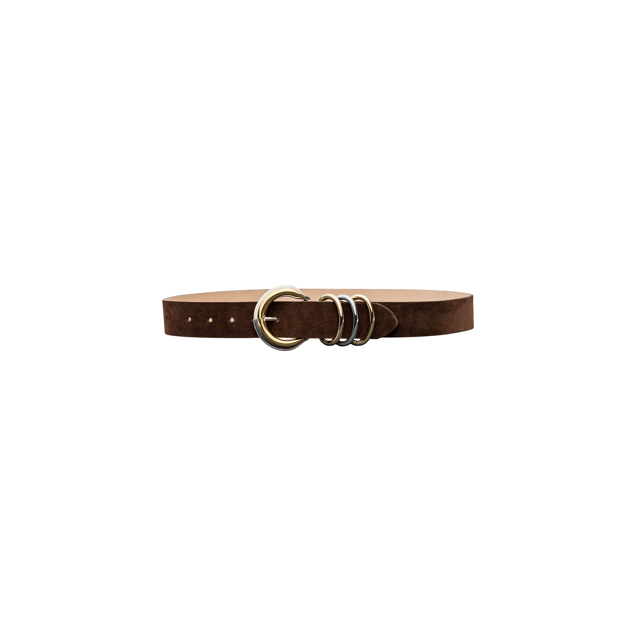The Tobar Suede Belt, handcrafted in LA, features a brown suede strap and a mixed-metal buckle adorned with three silver rings and one larger gold ring. It is displayed on a plain white background.