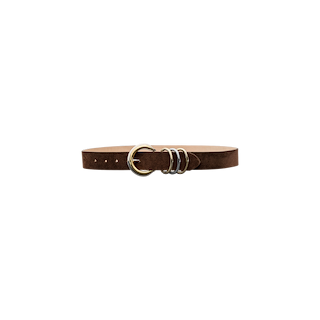 The Tobar Suede Belt, handcrafted in LA from rich chocolate suede, features a striking mixed-metal buckle adorned with multiple silver rings and is elegantly presented against a plain white background.