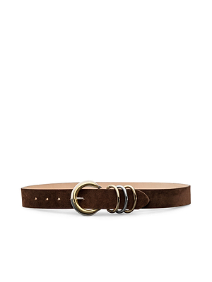 The Tobar Suede Belt, handcrafted in LA, features a brown suede strap, a two-tone buckle, and three silver rings beside it, all displayed against a white background.
