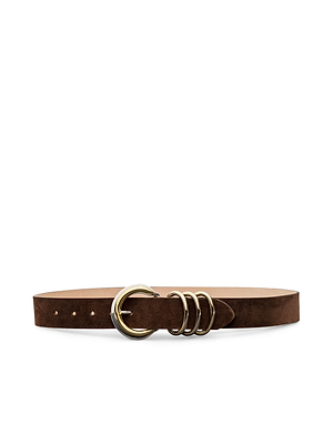 The Tobar Suede Belt is a brown suede belt with a mixed-metal, gold-tone rounded buckle and three matching gold rings, shown against a white background.