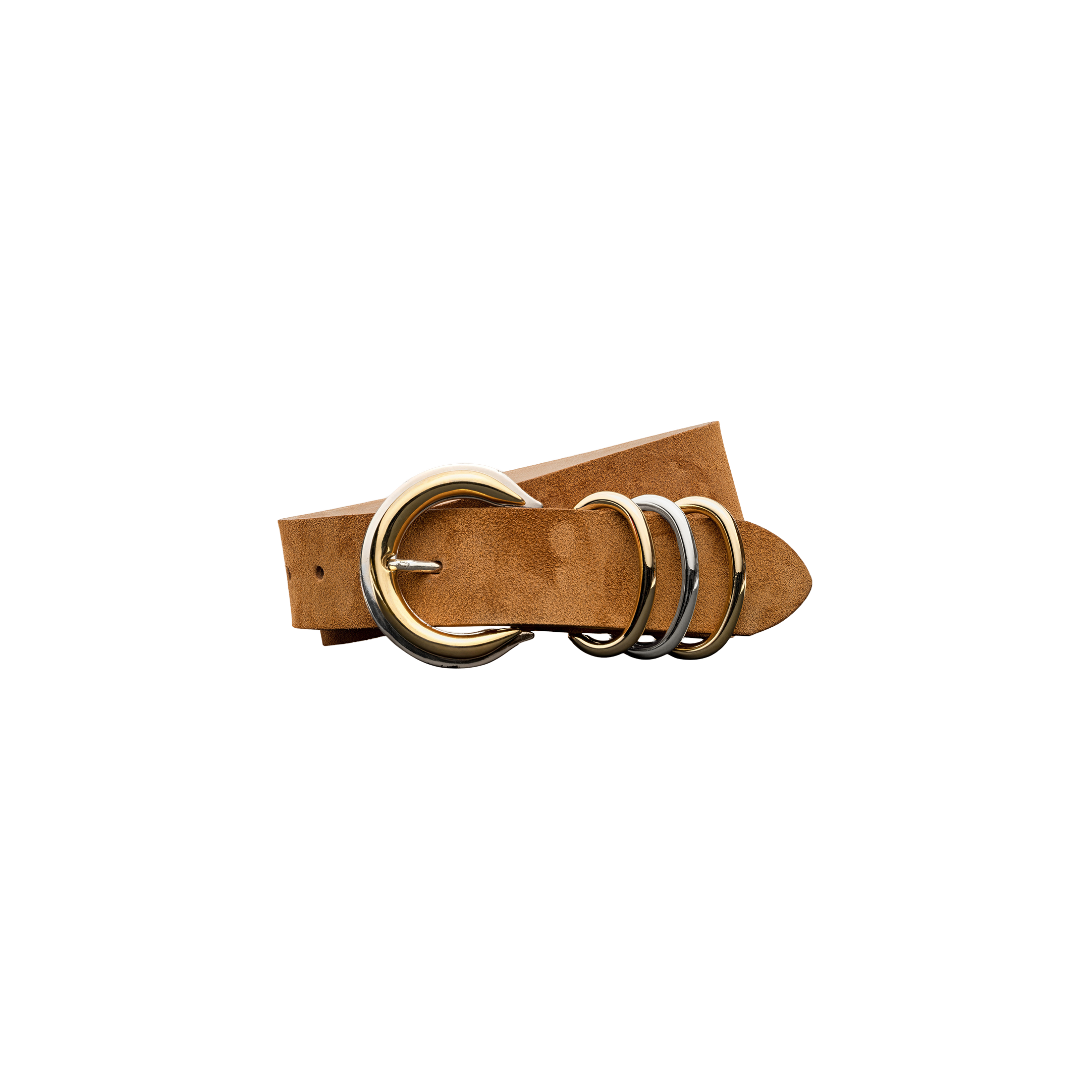 The Tobar Suede Belt, crafted in cognac suede, features mixed-metal hardware with four round rings—one gold and three silver—and is displayed on a plain white background.