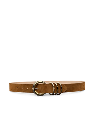 The Tobar Suede Belt in cognac features a gold-tone round buckle and three matching gold rings, shown flat on a white background.