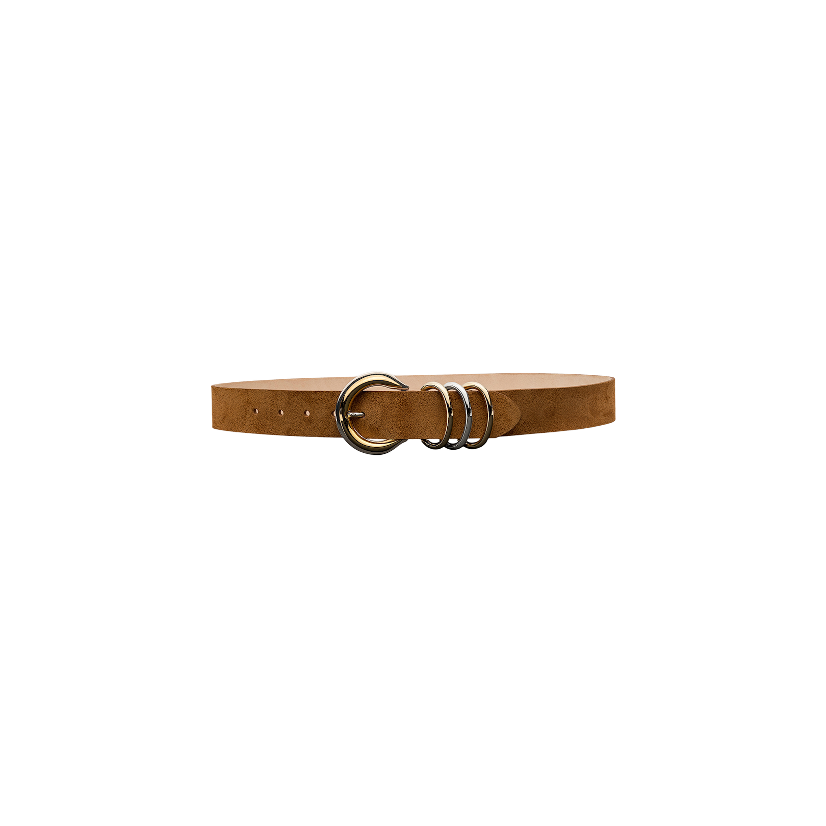 The Tobar Suede Belt, crafted from cognac suede, features three silver metal rings as a buckle and mixed-metal hardware, presented on a plain white background.
