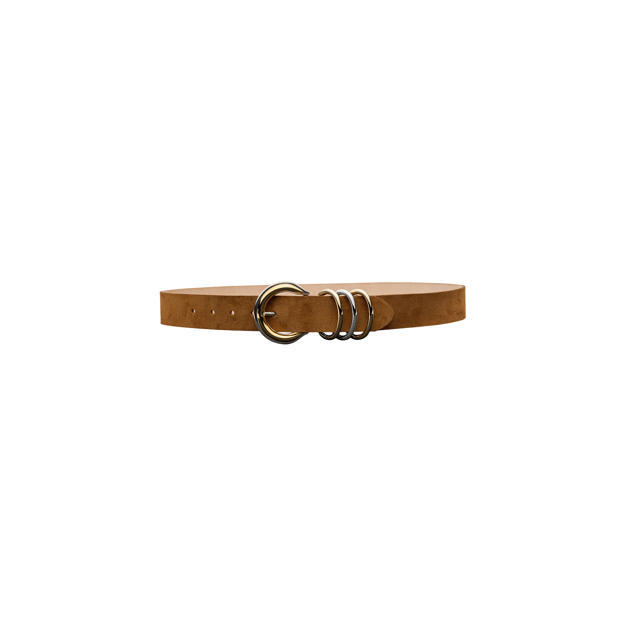 The Tobar Suede Belt, crafted from cognac suede, features three silver metal rings as a buckle and mixed-metal hardware, presented on a plain white background.
