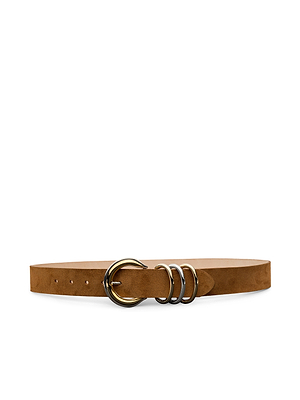 The Tobar Suede Belt in cognac features a gold-plated D-ring buckle, three extra metallic loops, and mixed-metal hardware, shown on a white background.