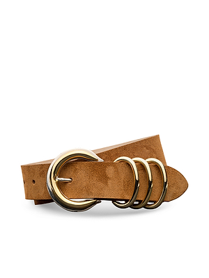 The Tobar Suede Belt in cognac features a large gold curved buckle and three extra gold loops, shown coiled on a white background.