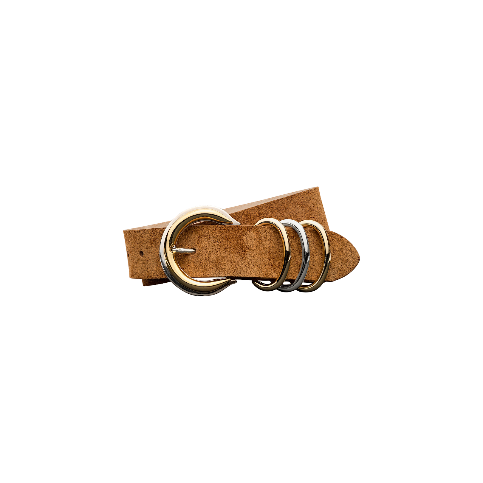 The Tobar Suede Belt, crafted in cognac suede, features a gold-plated buckle adorned with three silver rings and one gold ring, displayed against a plain white background.