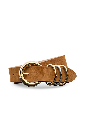 The Tobar Suede Belt in cognac features a rounded 24k gold-plated buckle and two matching gold loops, shown against a white background.