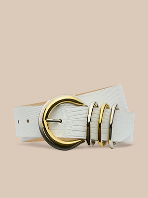 The Tobar Leather Belt, handcrafted in LA from lizard-embossed leather, features a large gold mixed-metal buckle and three metallic loops, shown against a neutral beige background.