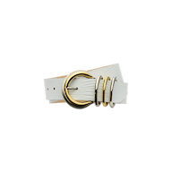 The Tobar Leather Belt is handcrafted in LA from embossed leather, featuring a large gold circular mixed-metal buckle and three gold loops, and is displayed on a plain white background.