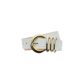 The Tobar Leather Belt, handcrafted in LA from white lizard-embossed leather, features a large gold rounded buckle and three gold belt loops, and is displayed on a plain white background.