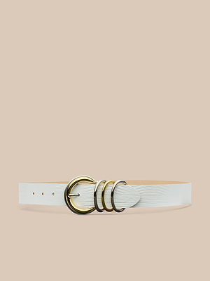 The Tobar Leather Belt in white lizard-embossed leather features a gold circular buckle with three gold rings, shown on a beige background.