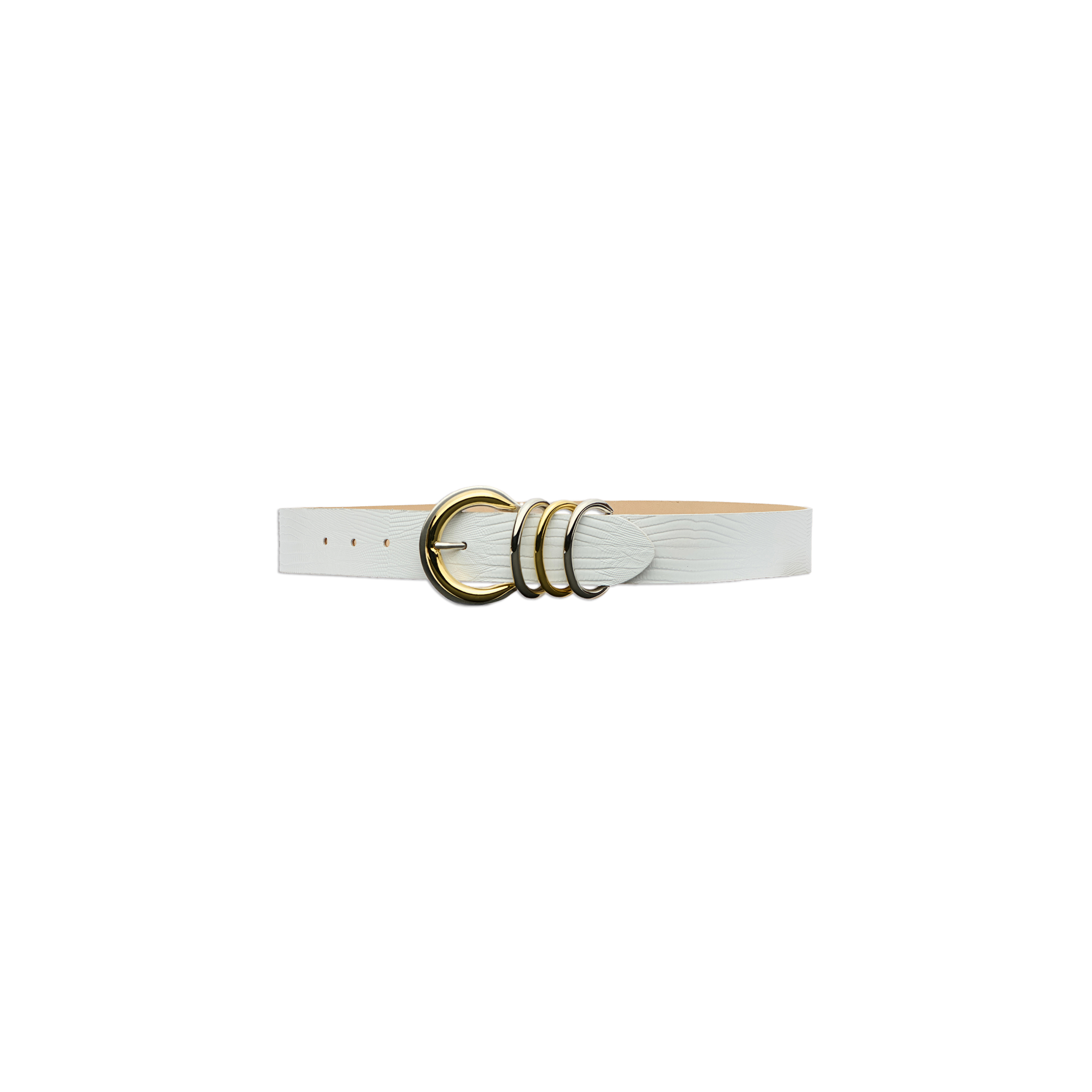 The Tobar Leather Belt, handcrafted in LA from white embossed leather, features a gold-toned triple ring buckle and is displayed on a plain white background.