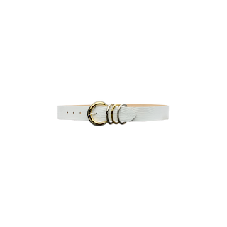 The Tobar Leather Belt is a white, lizard-embossed leather belt featuring a gold double-ring buckle and three gold loops. Handcrafted in LA, it is showcased against a simple white background.