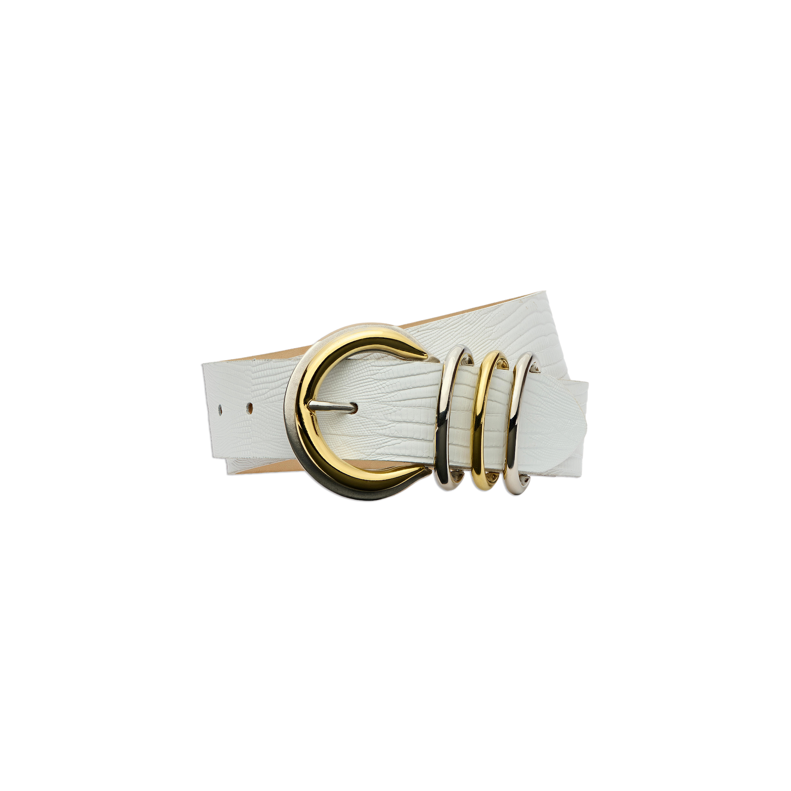 The Tobar Leather Belt is a handcrafted, embossed leather accessory made in LA. It showcases a white textured finish and is accented with a large gold circular buckle and three matching gold loops, all displayed on a plain white background.