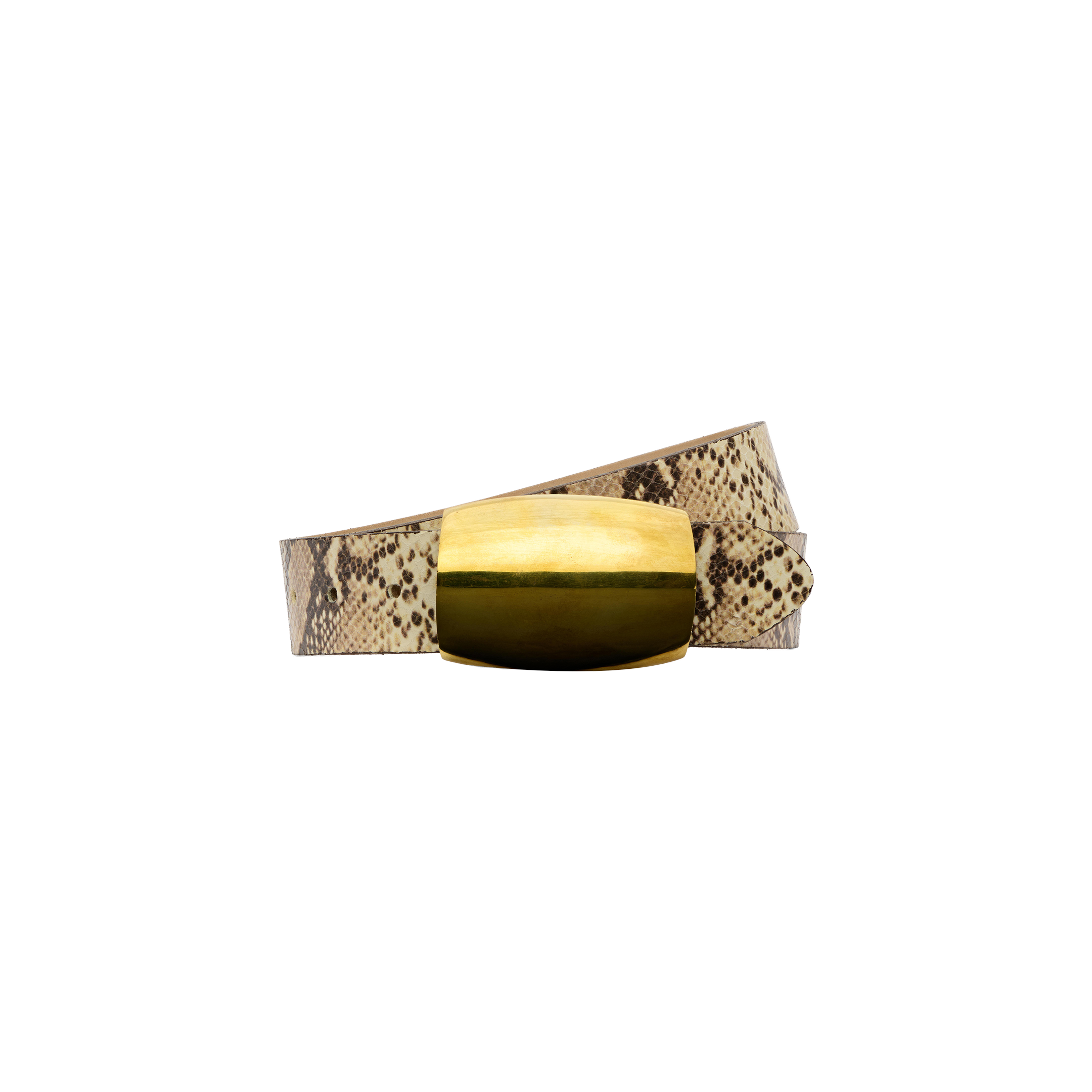 The Milou Belt, featuring a snake-embossed design and a large, shiny gold rectangular buckle, is displayed on a plain white background.