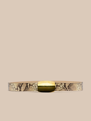 The Milou Belt features beige snake-embossed leather and a shiny gold rectangular buckle, showcased on a plain light brown background.
