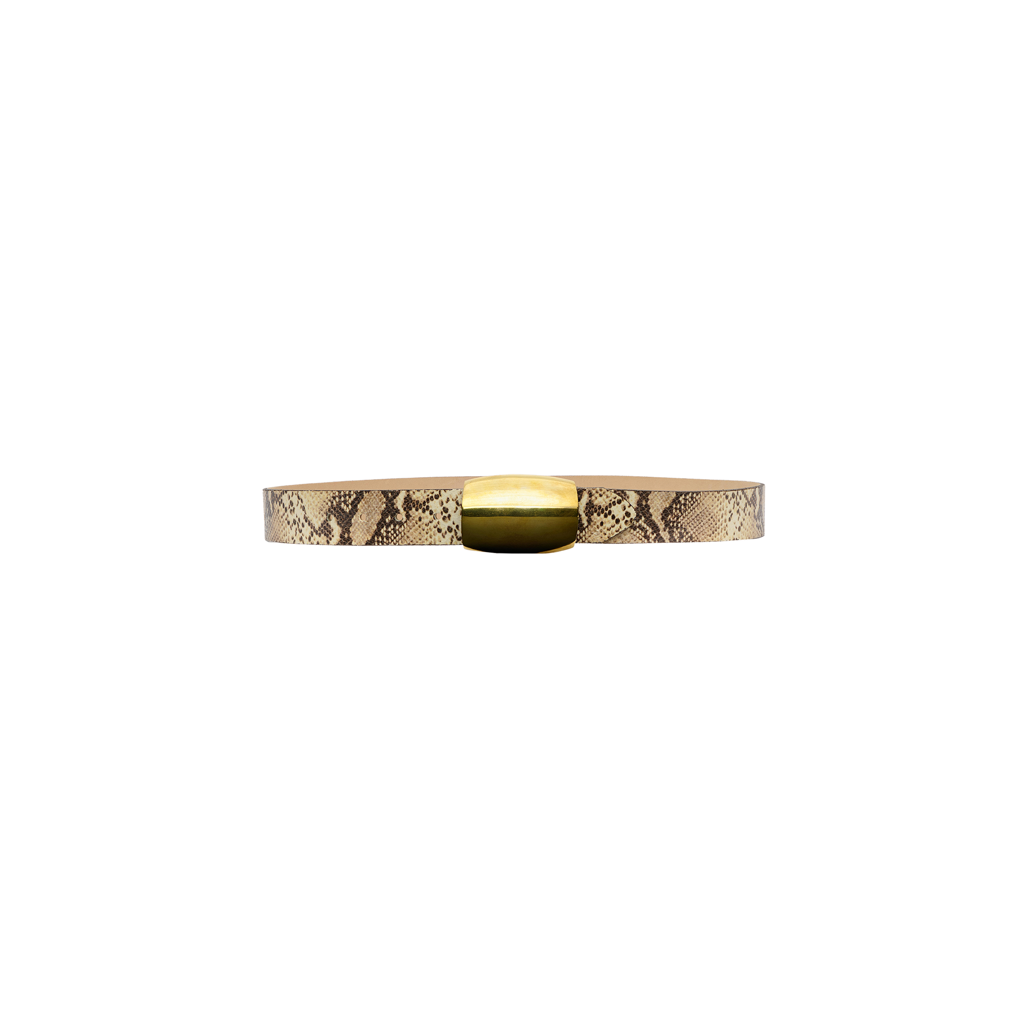 The Milou Belt, a thin snake-embossed accessory with a shiny gold rectangular buckle, is displayed against a plain white background.