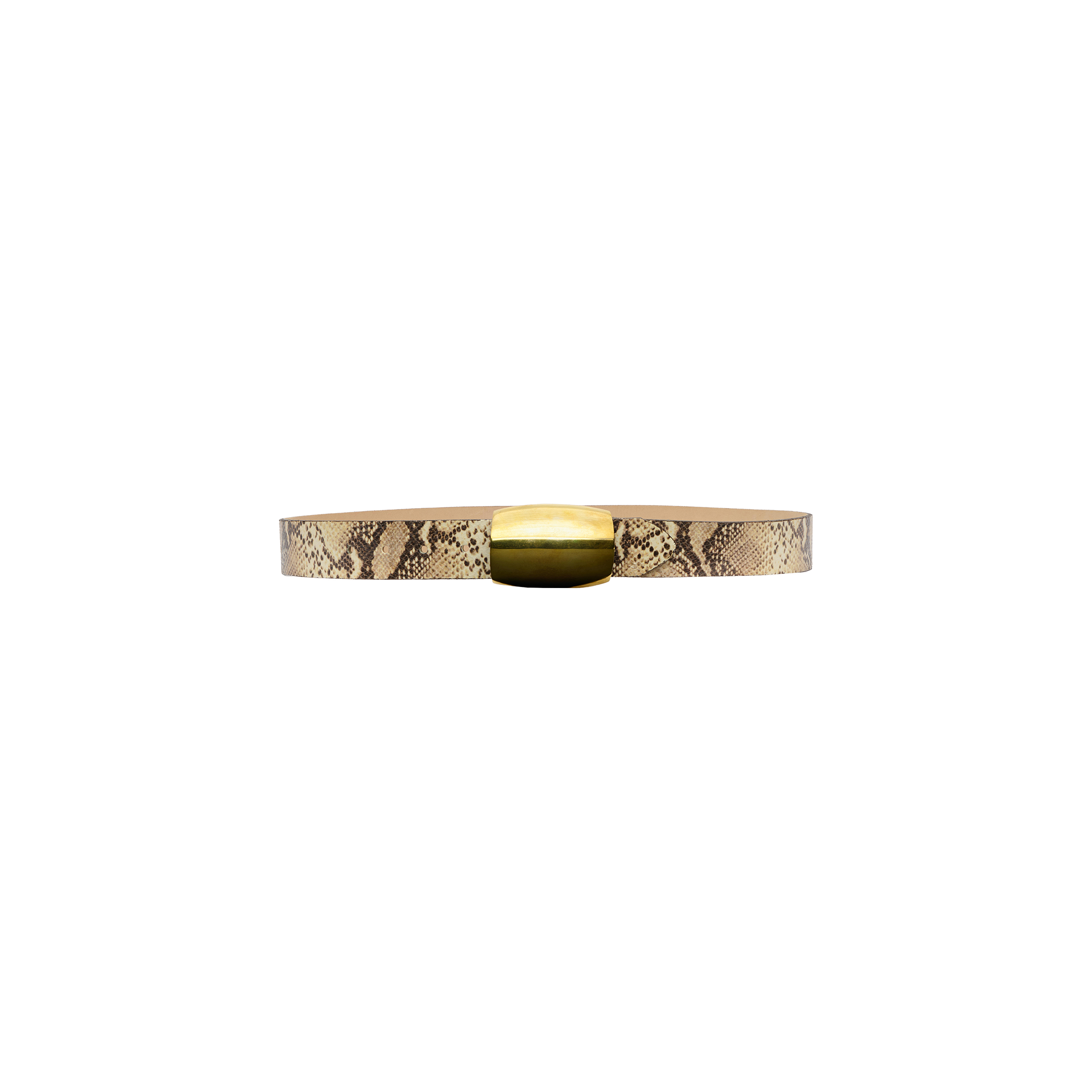 The Milou Belt, a thin snake-embossed accessory with a shiny gold rectangular buckle, is displayed against a plain white background.