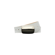 The Milou Belt, a white lizard-embossed accessory handcrafted from Italian-sourced materials and finished with a large, rectangular metallic buckle, is displayed against a plain white background.