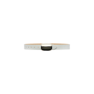 The Milou Belt is handcrafted from Italian-sourced materials, featuring a white lizard-embossed design and a large, shiny, oval silver buckle, and is shown against a plain white background.