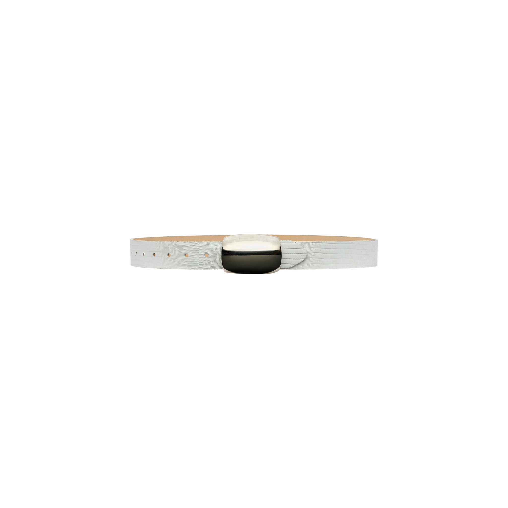 The Milou Belt is handcrafted from Italian-sourced materials, featuring a white lizard-embossed design and a large, shiny, oval silver buckle, and is shown against a plain white background.