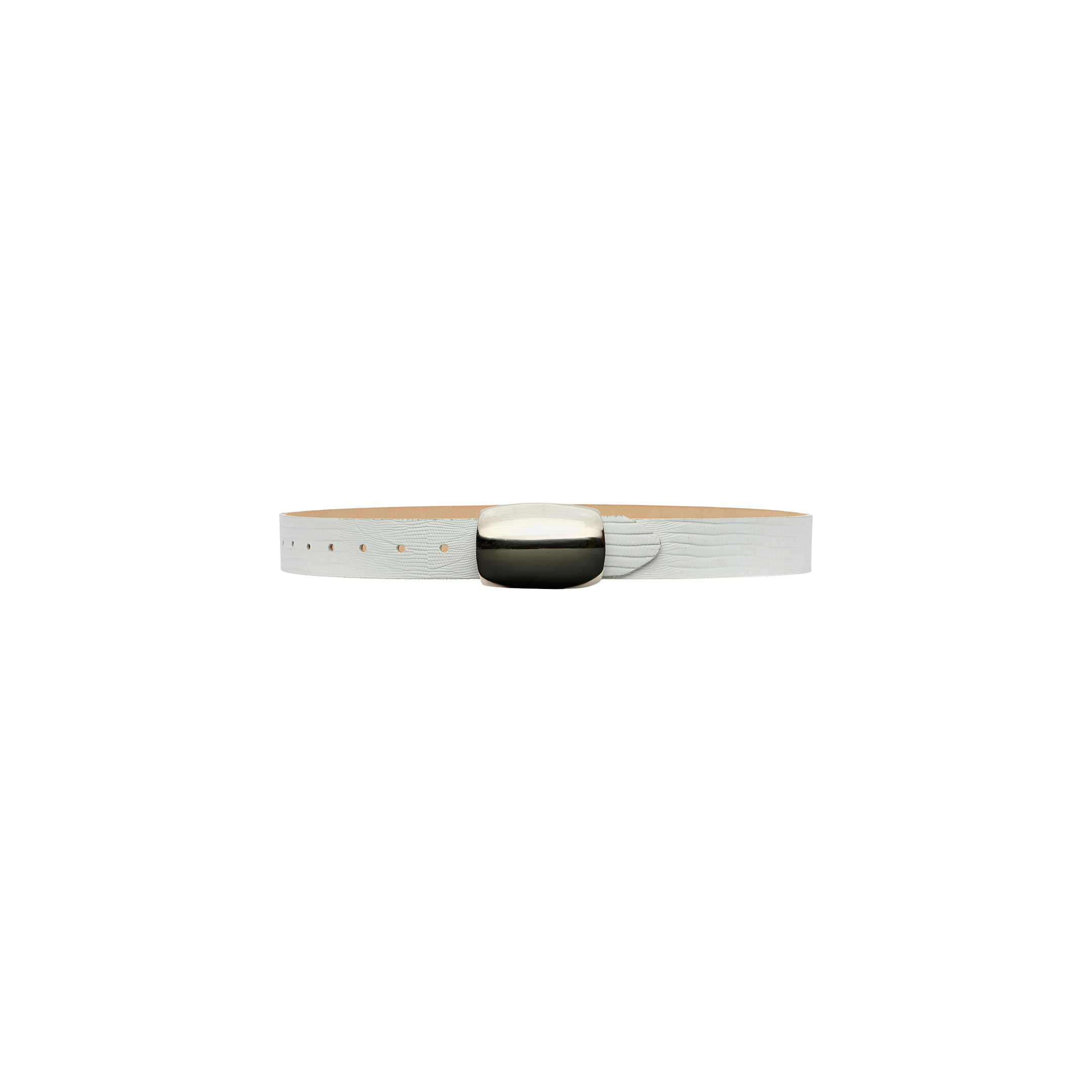 The Milou Belt is handcrafted from Italian-sourced materials, featuring a white lizard-embossed design and a large, shiny, oval silver buckle, and is shown against a plain white background.