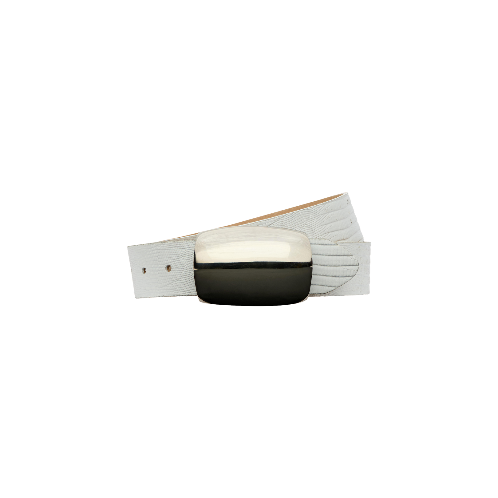 The Milou Belt, featuring a white lizard-embossed design and a large, shiny silver-plated brass buckle, is displayed on a plain white background.