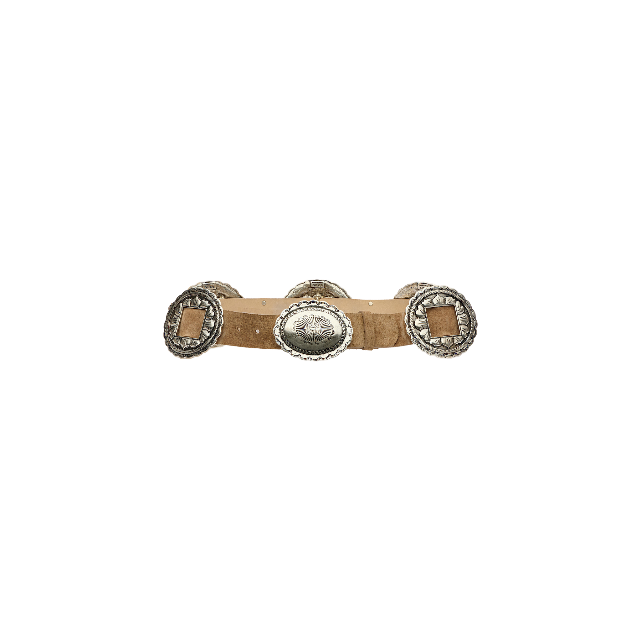 Austin Suede Belt in tan suede featuring three large, decorative silver-tone metal buckles.