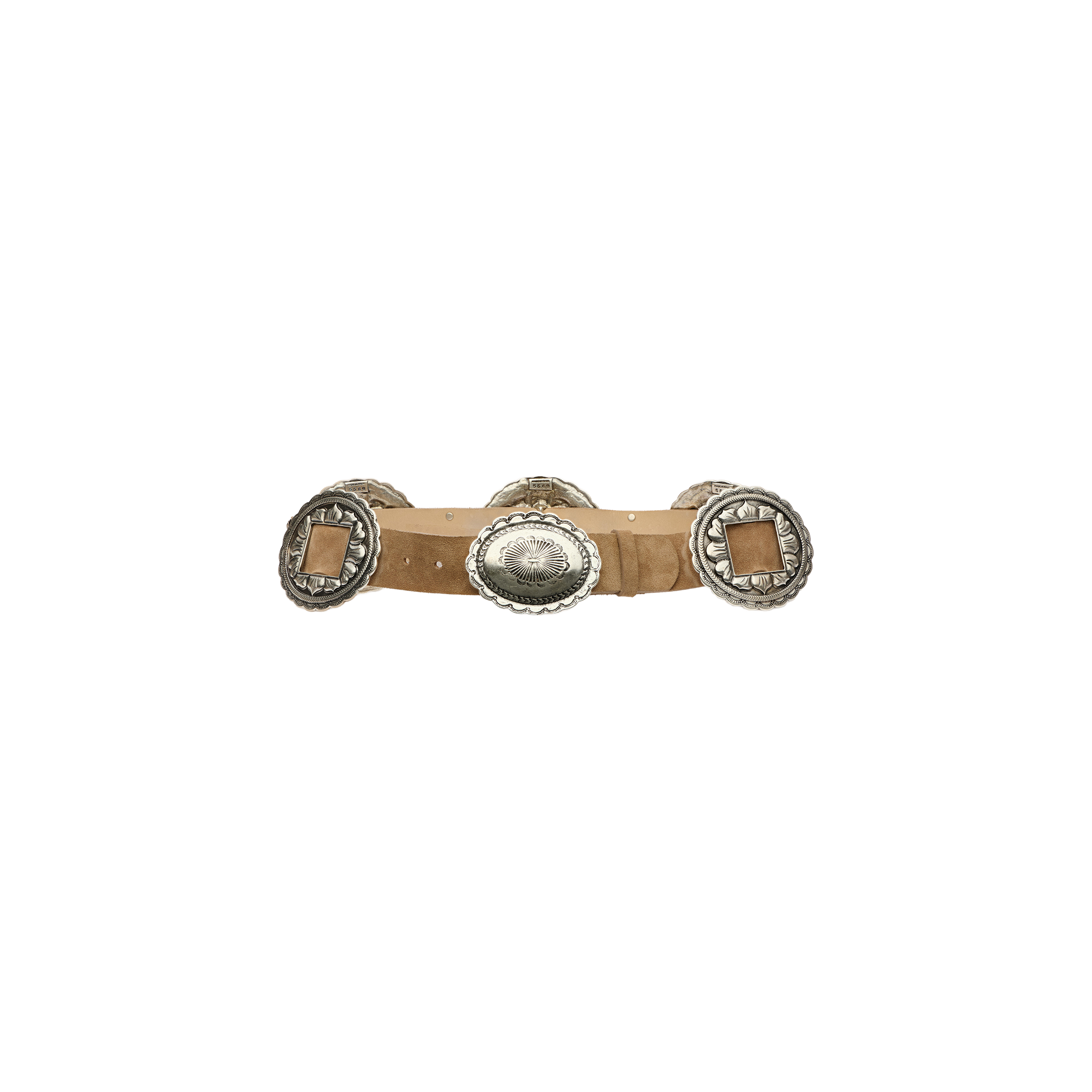 Austin Suede Belt in tan suede featuring three large, decorative silver-tone metal buckles.