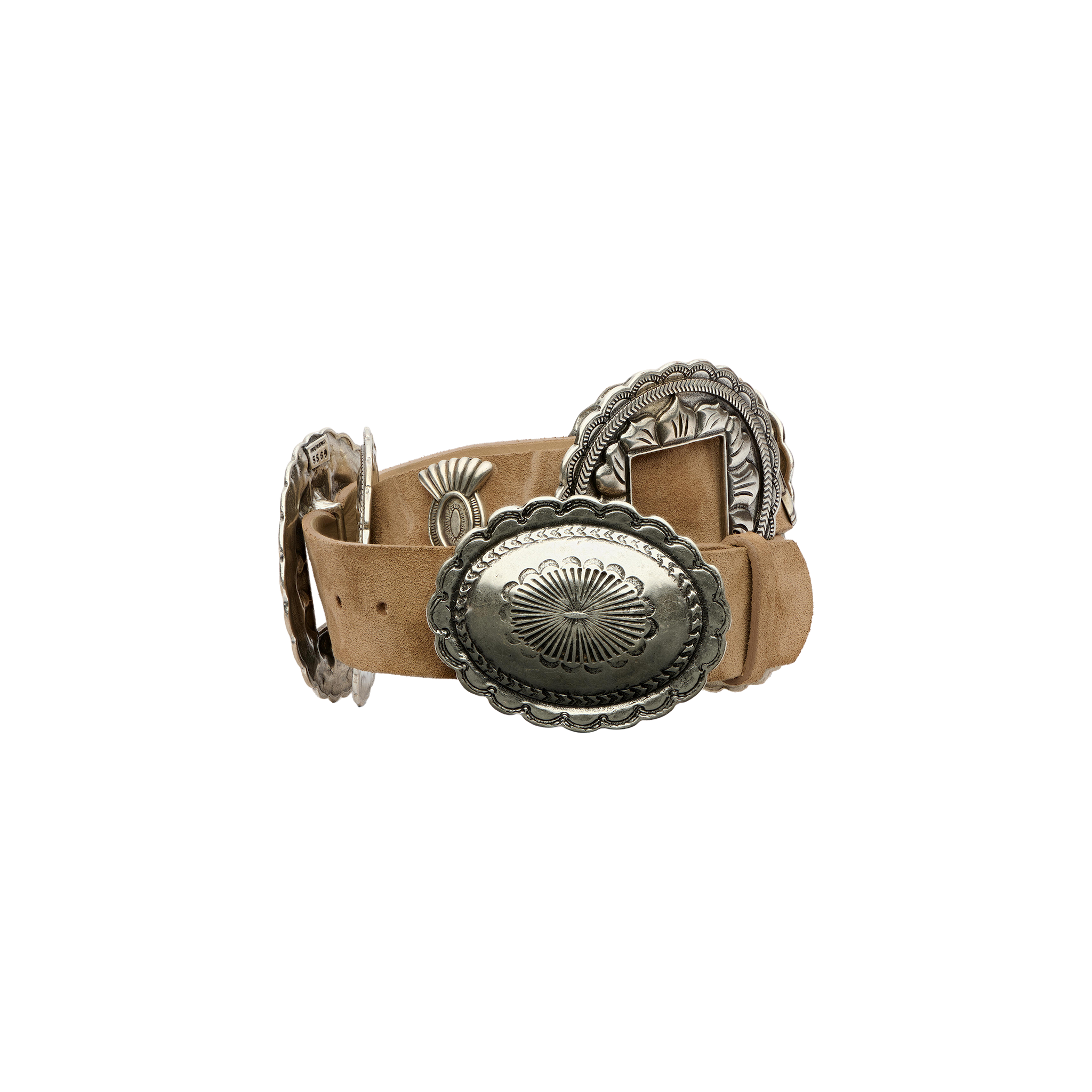 Austin Suede Belt in handcrafted tan suede, coiled with ornate, silver-toned metal accents and an oval buckle.