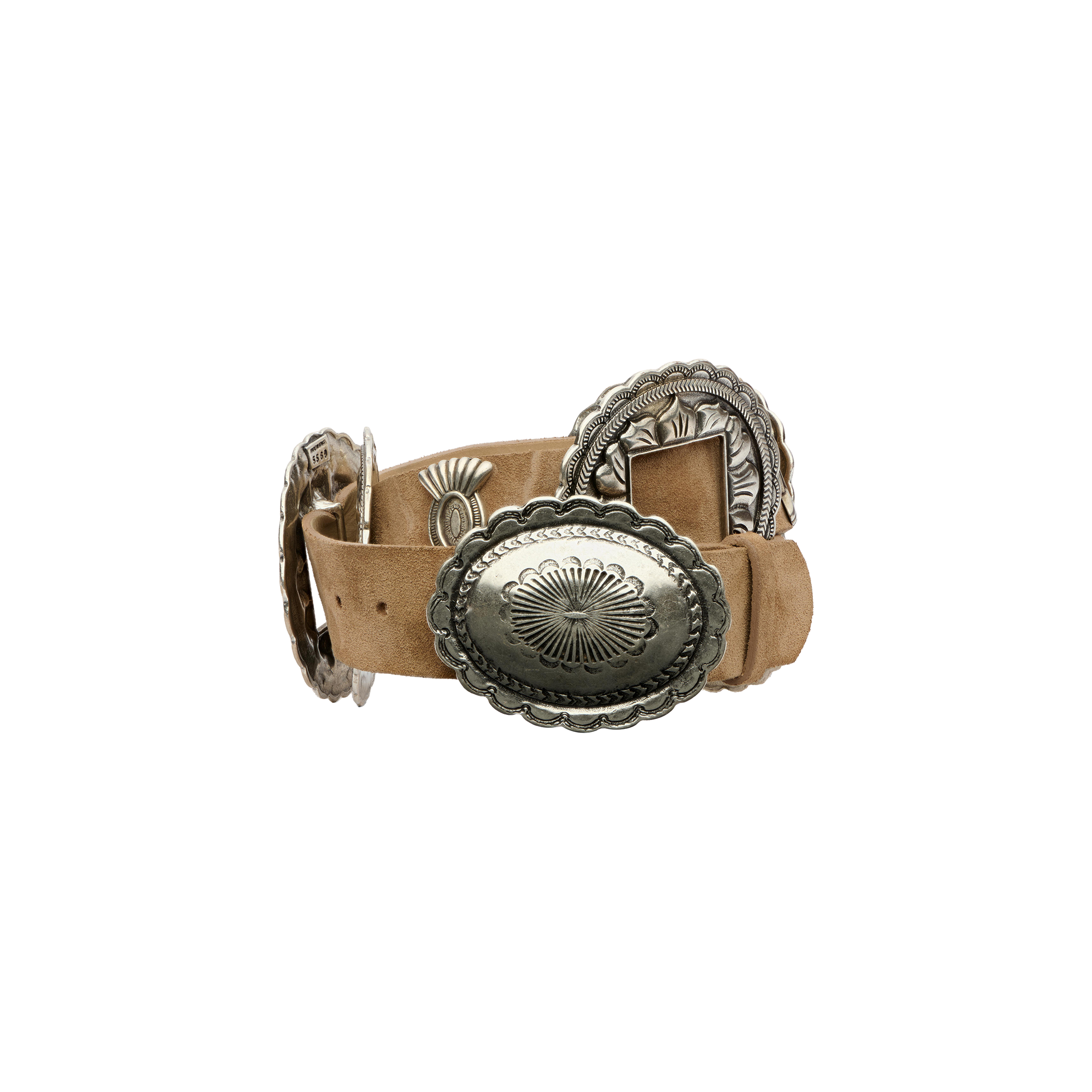 Austin Suede Belt in handcrafted tan suede, coiled with ornate, silver-toned metal accents and an oval buckle.