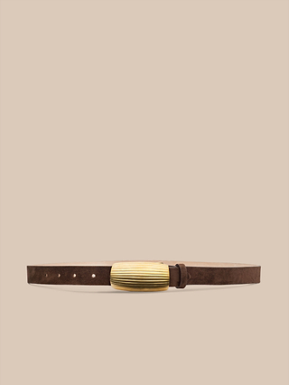 Machado Suede Belt — a handcrafted, chocolate brown suede belt featuring a gold ribbed oval buckle, displayed against a plain beige background.