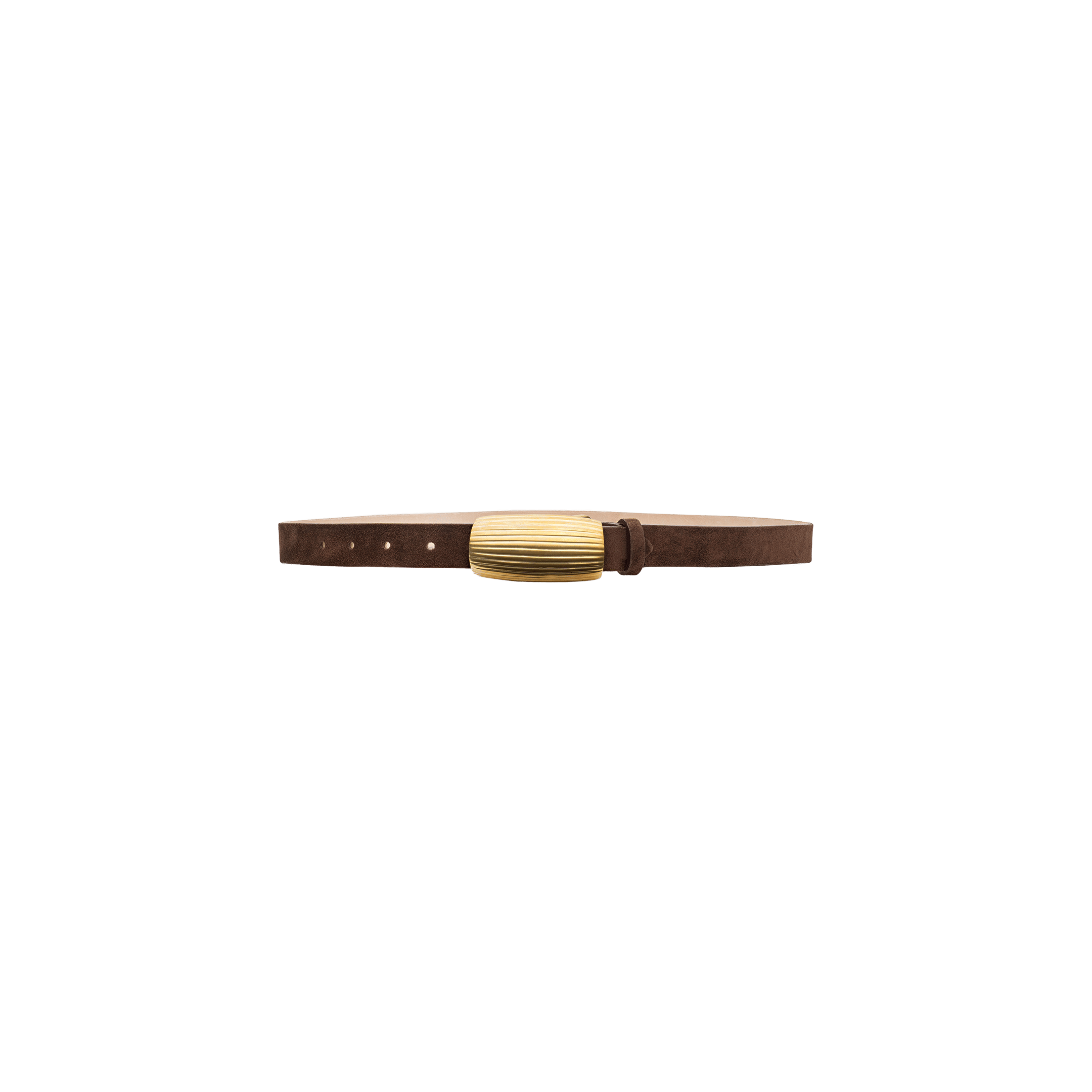The Machado Suede Belt, a slim brown Italian suede accessory, features a ribbed, oval-shaped gold buckle and is displayed against a plain white background. This belt highlights refined craftsmanship and timeless style.
