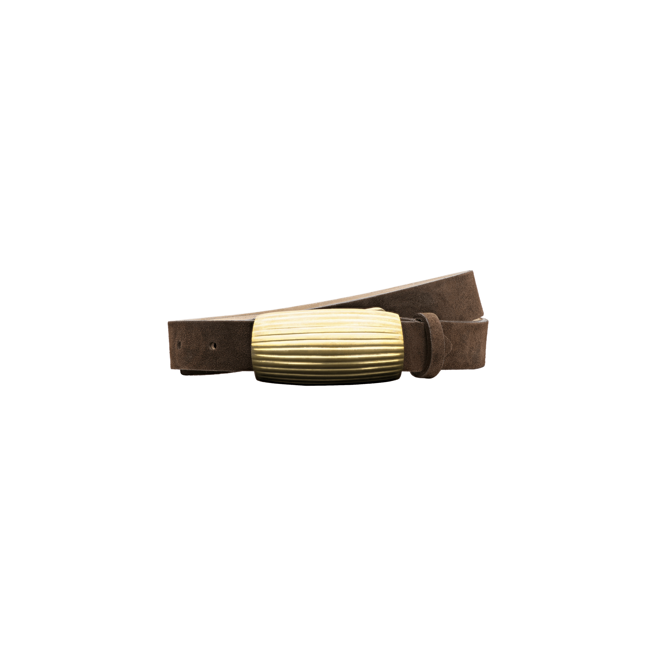 The Machado Suede Belt, featuring a slim brown suede design and a gold ribbed rectangular buckle, is displayed on a plain white background.