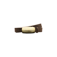 The Machado Suede Belt, crafted in Italian suede in a rich brown shade, features a large rectangular gold buckle with horizontal ridges and is displayed against a plain white background.