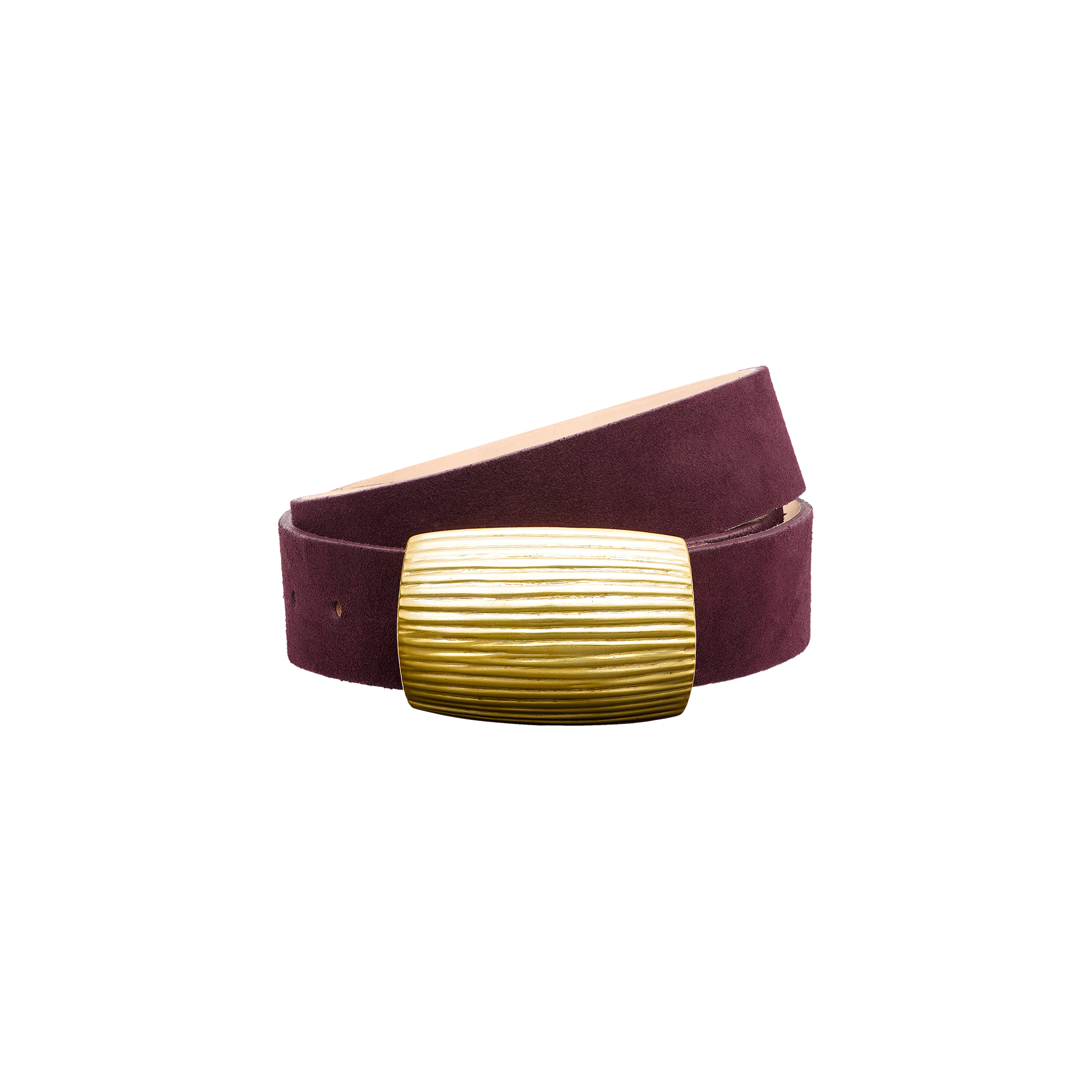 The Montell Suede Belt is a burgundy suede belt featuring a wide, rectangular brass buckle with horizontal textured lines. Handcrafted in LA, it is displayed against a plain white background.
