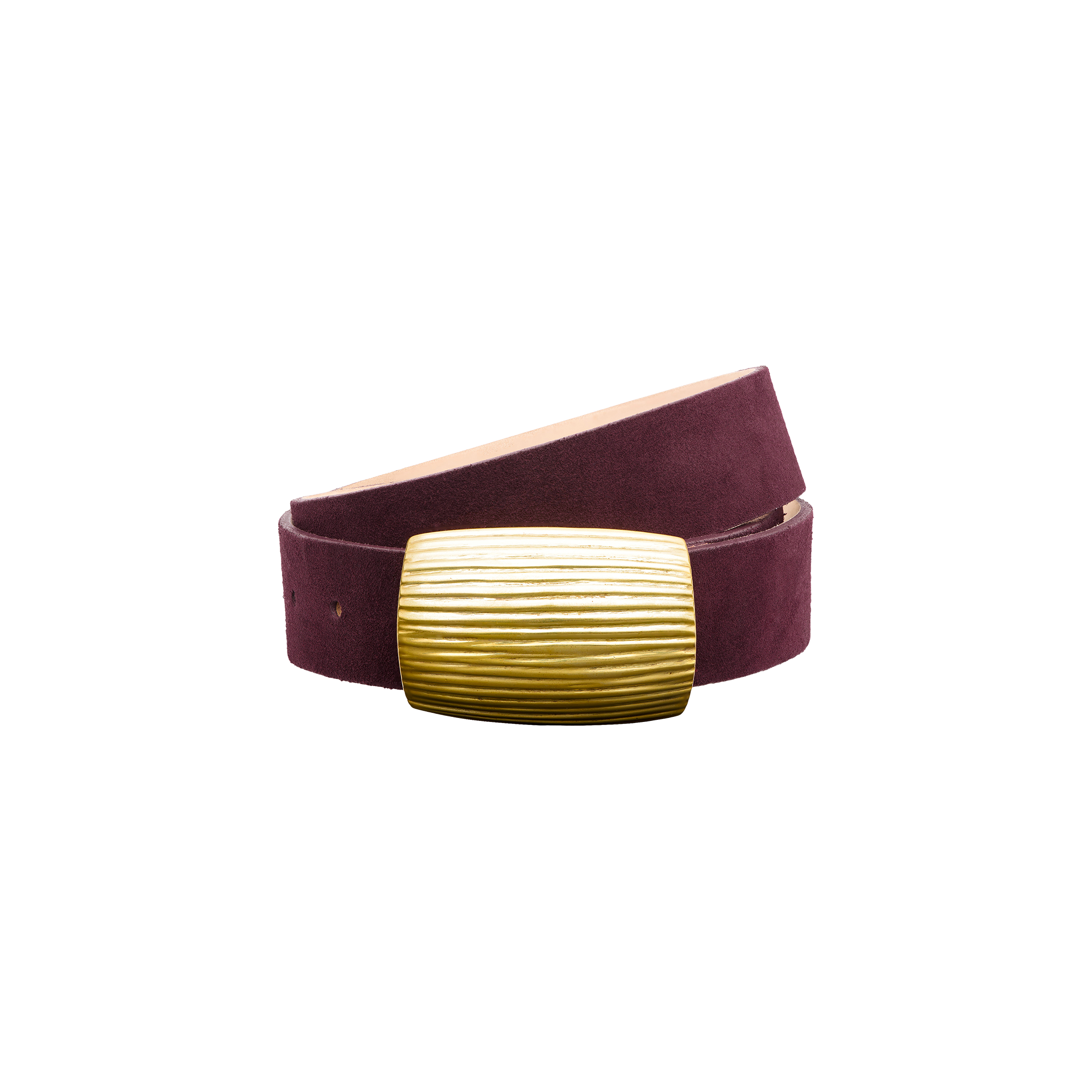The Montell Suede Belt is a burgundy suede belt featuring a wide, rectangular brass buckle with horizontal textured lines. Handcrafted in LA, it is displayed against a plain white background.