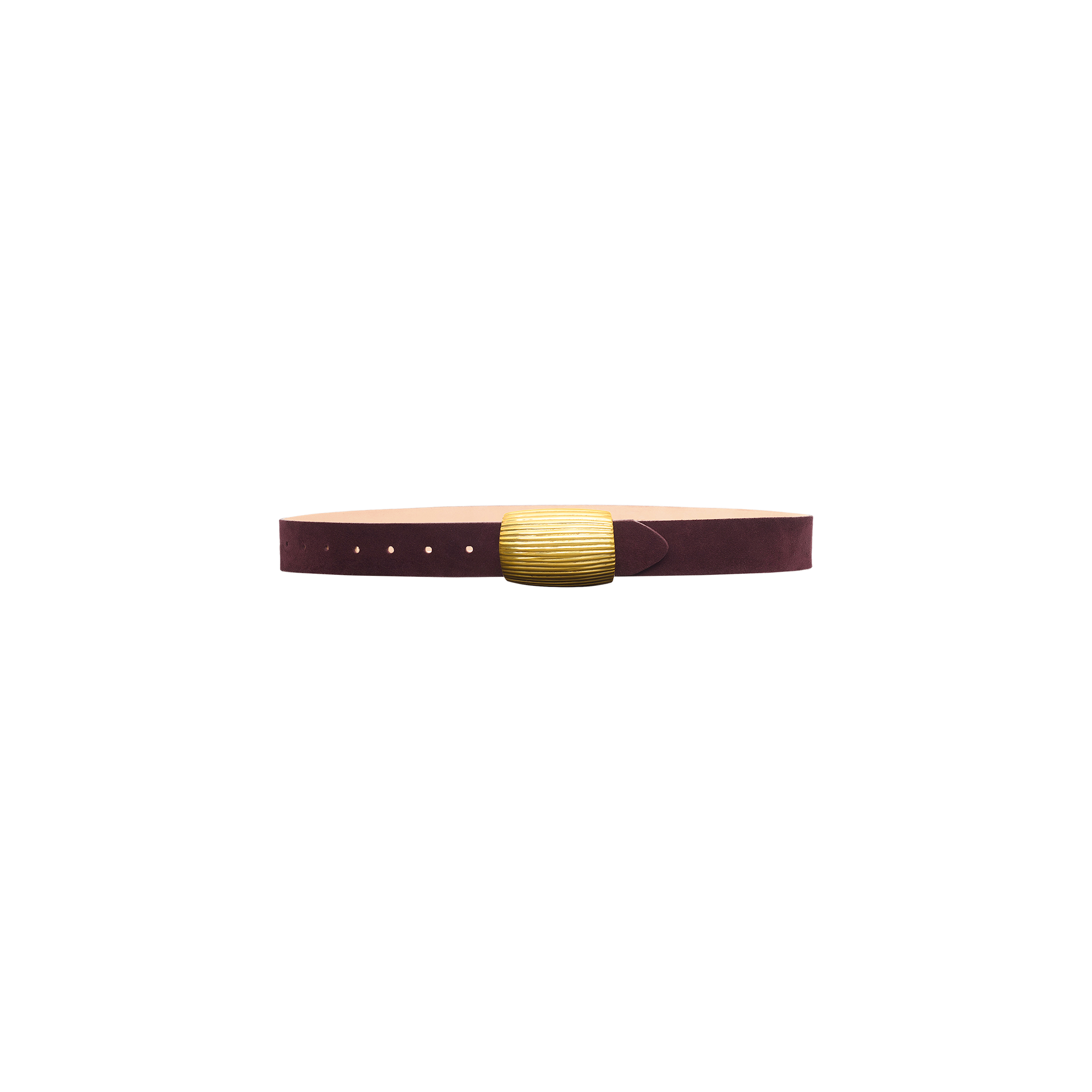 The Montell Suede Belt, handcrafted in LA from brown suede and featuring a large rectangular brass buckle, is displayed against a white background.