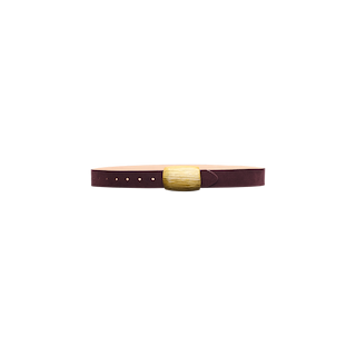 The Montell Suede Belt, handcrafted in LA from brown suede and featuring a large rectangular brass buckle, is displayed against a white background.