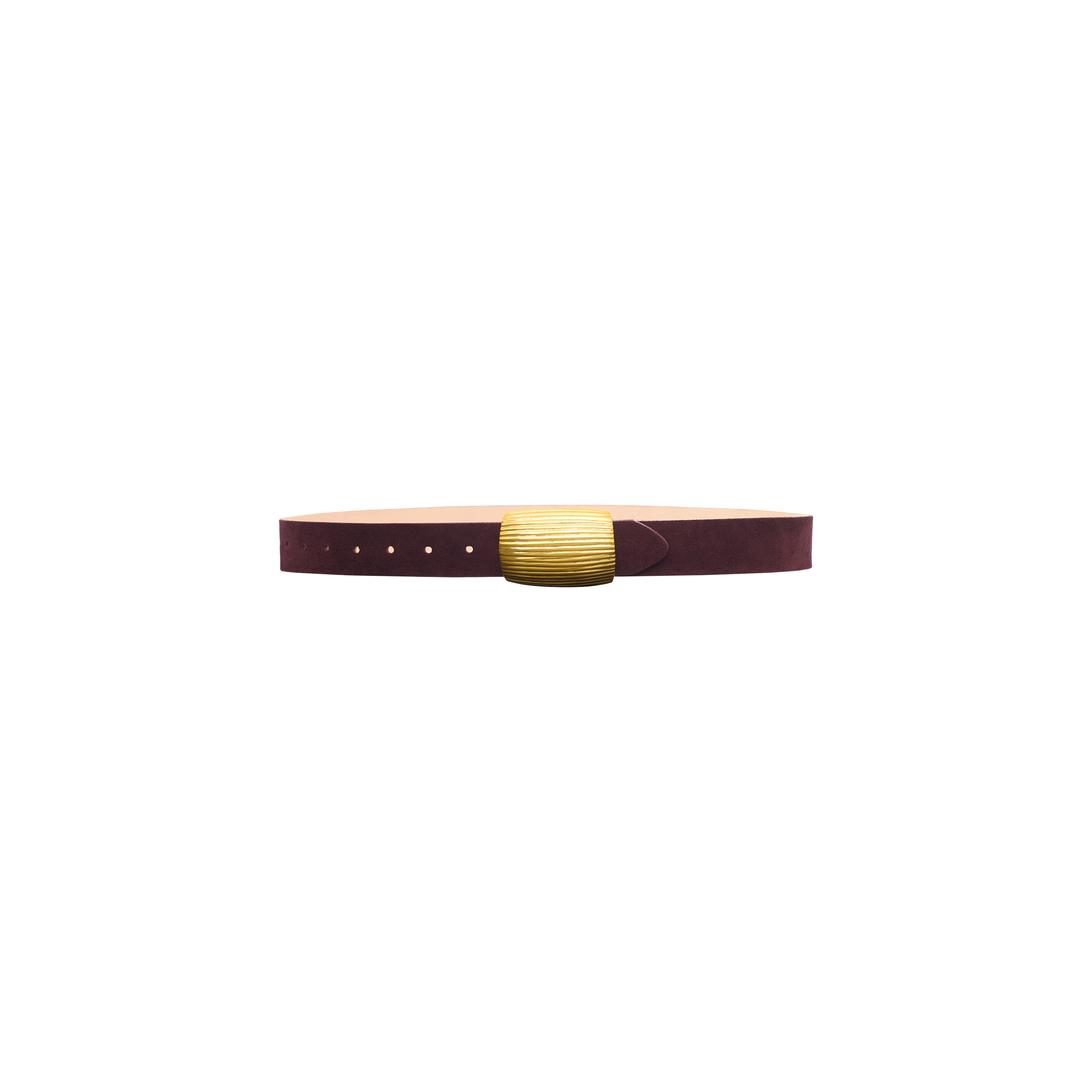 The Montell Suede Belt, handcrafted in LA from brown suede and featuring a large rectangular brass buckle, is displayed against a white background.