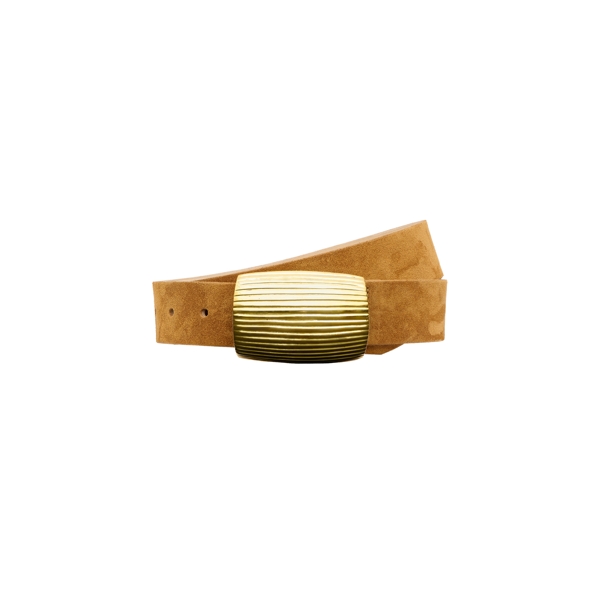 Montell Suede Belt in cognac brown Italian suede with a wide, ribbed gold-tone rectangular buckle.