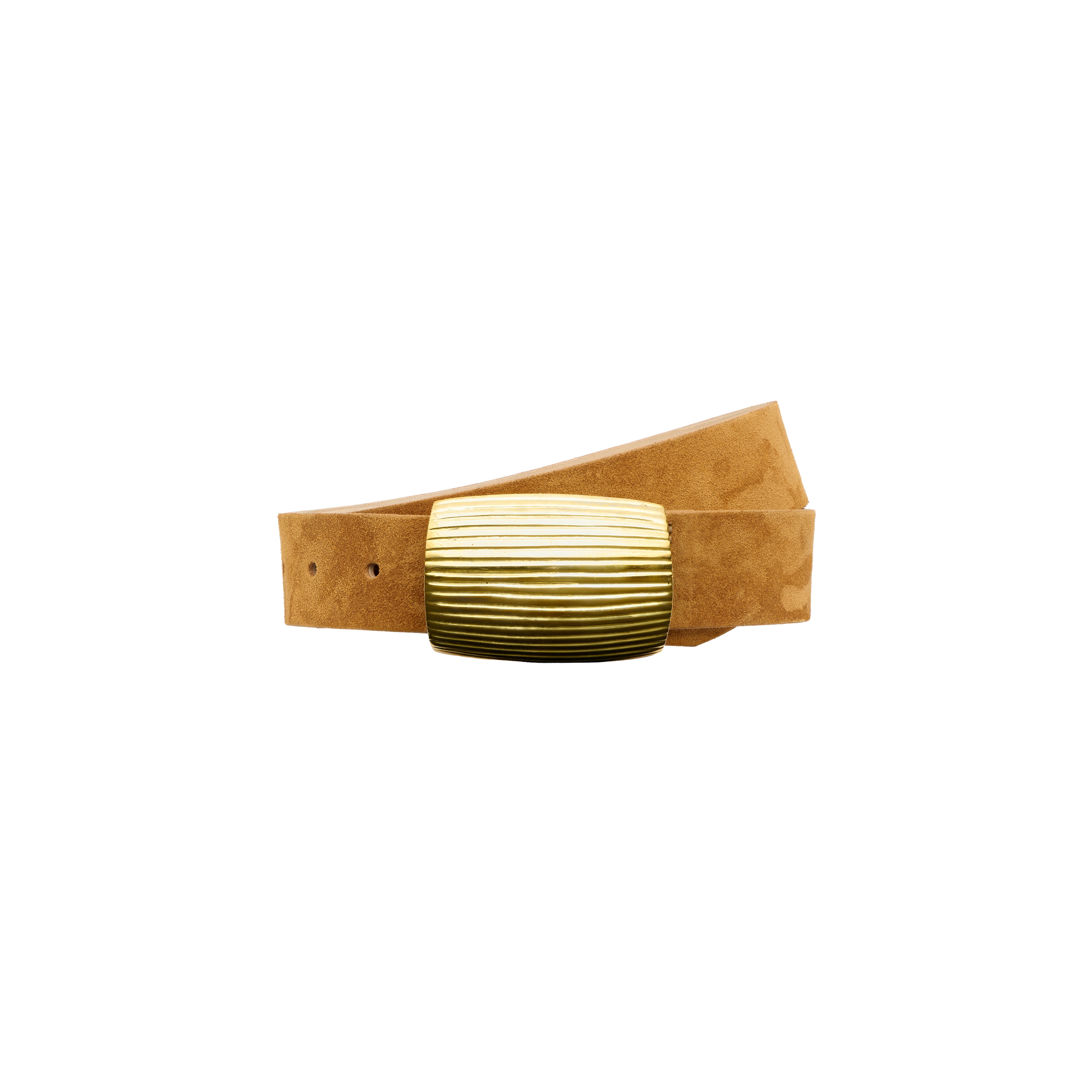 Montell Suede Belt in cognac brown Italian suede with a wide, ribbed gold-tone rectangular buckle.