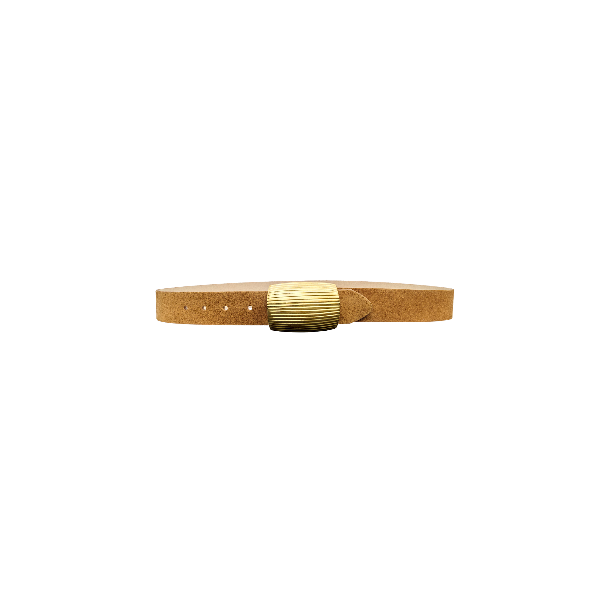 Montell Suede Belt in cognac brown Italian suede with a textured gold-toned rectangular buckle.
