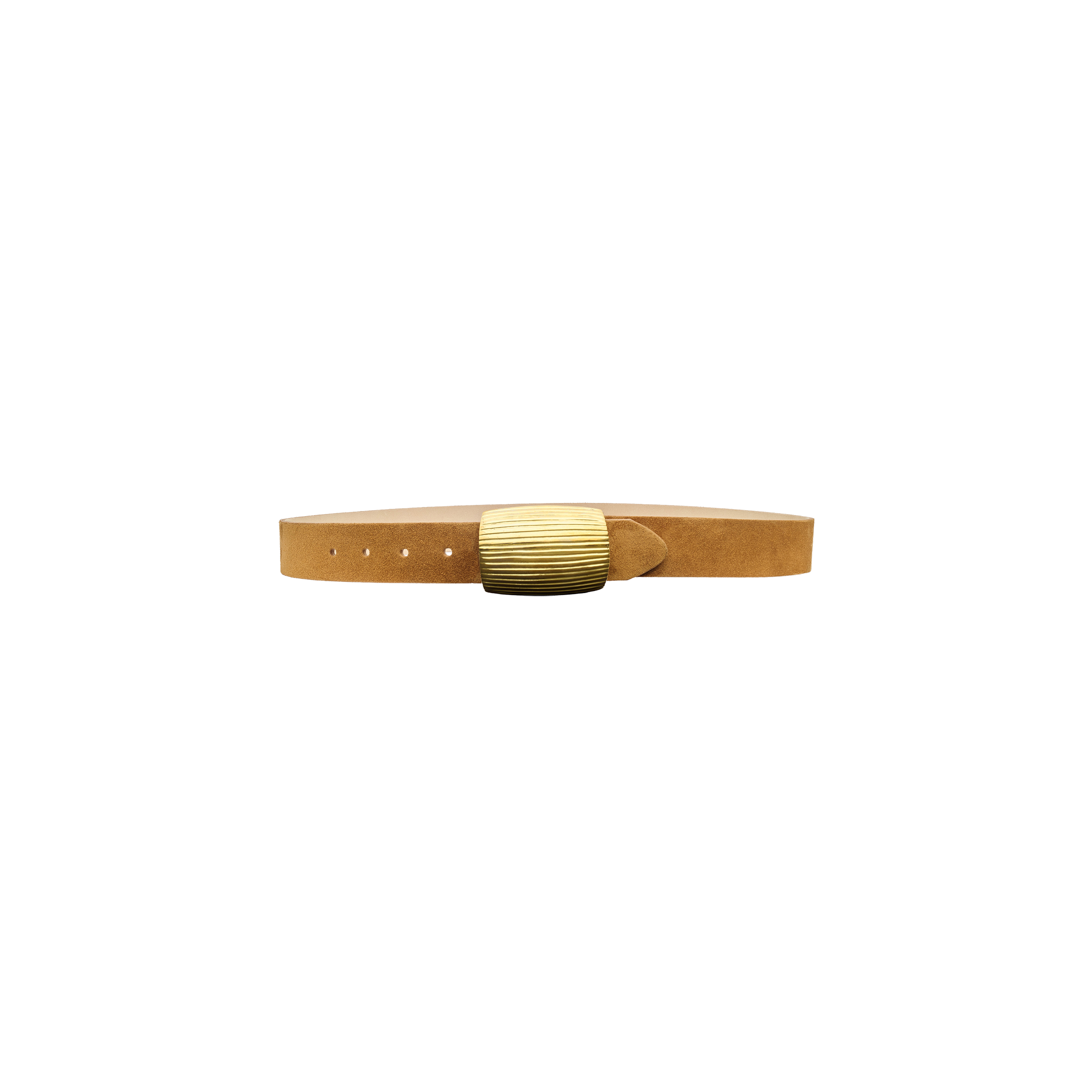 Montell Suede Belt in cognac brown Italian suede with a textured gold-toned rectangular buckle.