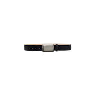 The Solera Belt, handcrafted in LA from black calf hair and featuring a rectangular silver buckle, is displayed against a plain white background—combining classic style with expert craftsmanship.