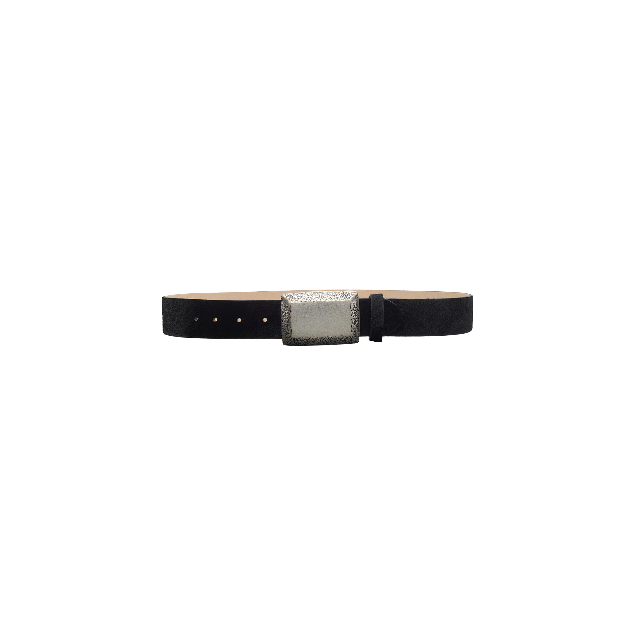 The Solera Belt, handcrafted in LA from black calf hair and featuring a rectangular silver buckle, is displayed against a plain white background—combining classic style with expert craftsmanship.